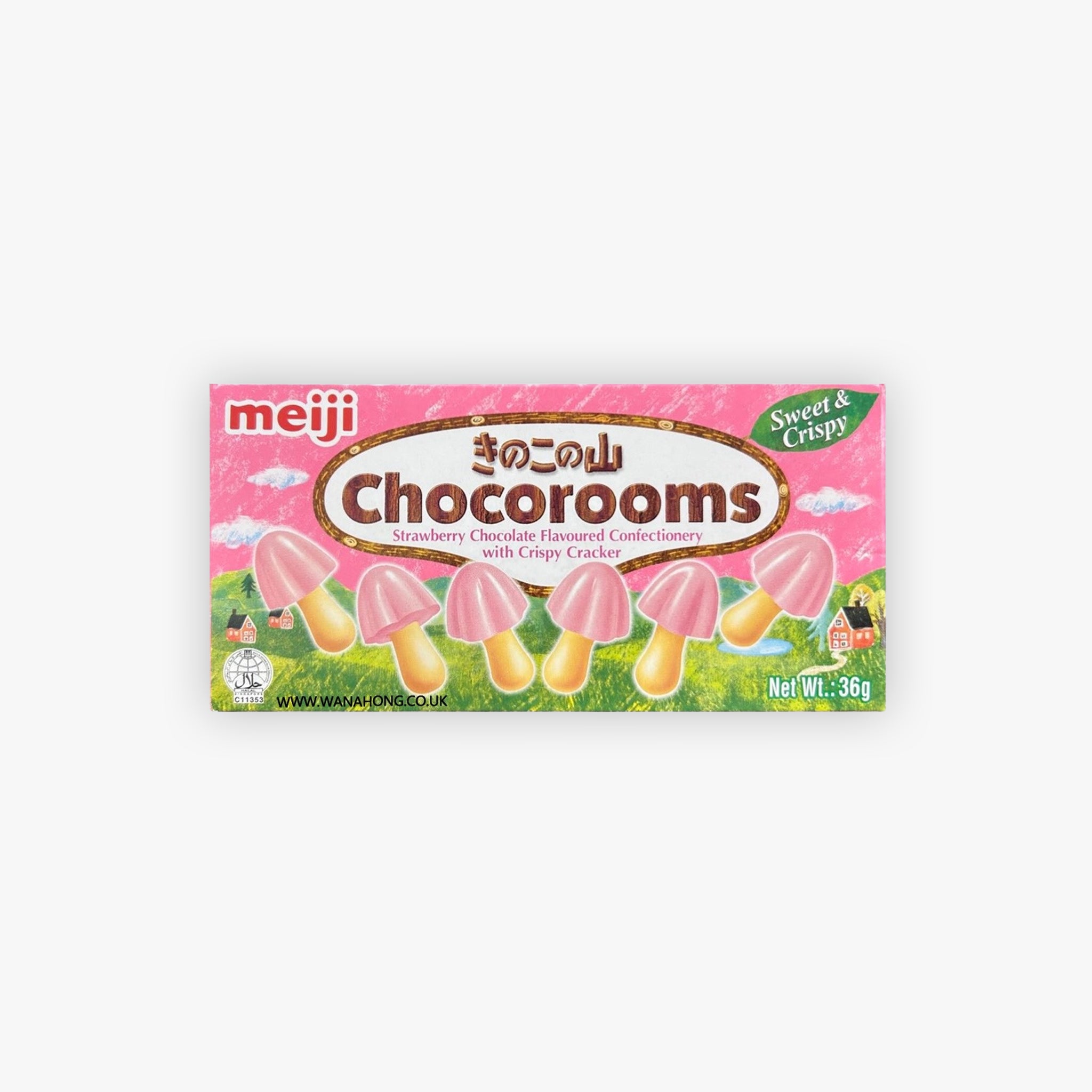 Meiji Chocorooms Strawberry Chocolate Flavoured Confectionery with Crisp Cracker 36g